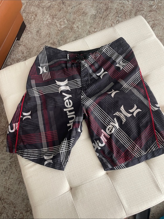 Hurley Other - Hurley Black & Red Plaid Boardshorts with White Logos